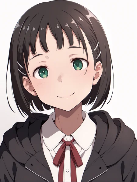 masterpiece,best quality,newest,1girl,solo,
<lora:p_suguha_v1.0:1>,p_sugu,hairclip,green eyes,
<lora:Fixhands_anime_bdsqlsz_V1:1>,simple_background,white background,looking_at_viewer,upper_body,face_focus,jacket with black hood,blouse,red ribbon tie,standing,hood down,portrait,front view,embarrass,smile,