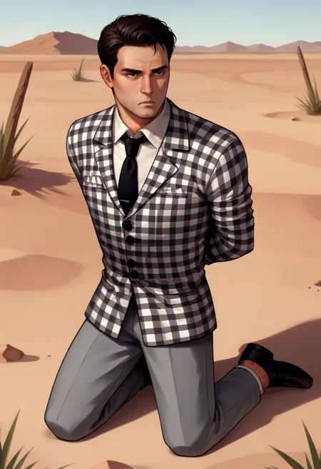 score_9, score_8_up, score_7_up, source_anime BREAK 1boy, solo, male focus, <lora:benny-fnv-richy-v1_pdxl:0.8> benny, black hair, short hair, checkered suit, black necktie, grey pants, outside, desert, kneeling, roman legionnaire, arms behind back, restrained, unamused