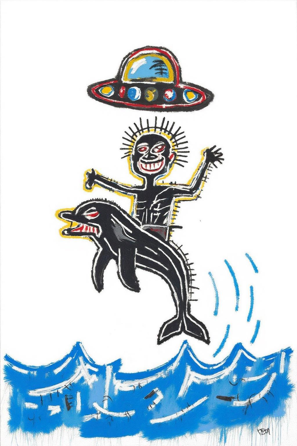 basquiat1 painting.
keithharing1 pop art illustration of
a human figure riding a dolphin in the sea , drawn in thick black lines on a white background.
There is a UFO flying above them.
 <lora:basquiat1_cap_d6a3e11:1.0><lora:835169065438809683:0>