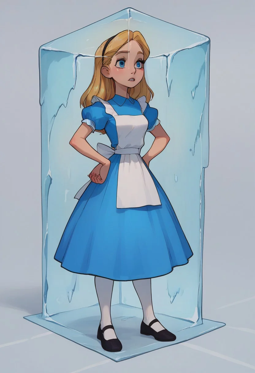 great detail, focus on girl, (full body shot), best quality, masterpiece,
1girl, blue eyes, blue dress, white pantyhose, apron, black hairband, blonde, AliceWaifu,
, score_9, score_8_up, score_7_up,
stuck inside ice cube, verybadimagenegative_v1.3, easynegative