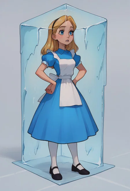 great detail, focus on girl, (full body shot), best quality, masterpiece, 
1girl, blue eyes, blue dress, white pantyhose, apron, black hairband, blonde, AliceWaifu, 
, score_9, score_8_up, score_7_up,
stuck inside ice cube, verybadimagenegative_v1.3, easynegative