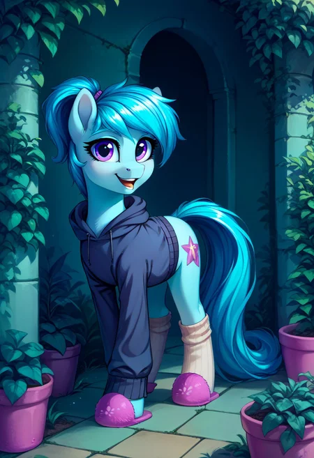 safe_pos, safe_pos, score_9, score_8_up, score_7_up, score_6_up, body light gray,
body is blue
the birch tail and mane are tied in a ponytail with a purple elastic band
eyes purple
dark hoodie
white socks
pink slippers
glasses
Whispy Slippers
realistic illustration, dramatic angle, outside, garden, (day), , solo, pony, my little pony, body, shiny skin, looking at you, happy playful, cheerful dramatic
solo
