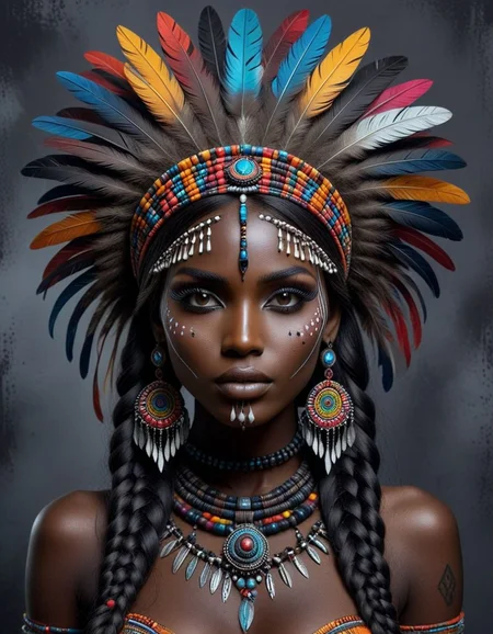luxart 1girl, solo, long hair, hair ornament, jewelry, multicolored hair, earrings, dark skin, necklace, dark-skinned female, drill hair, headdress, tribal(ink and charcoal) <lora:luxart:1>