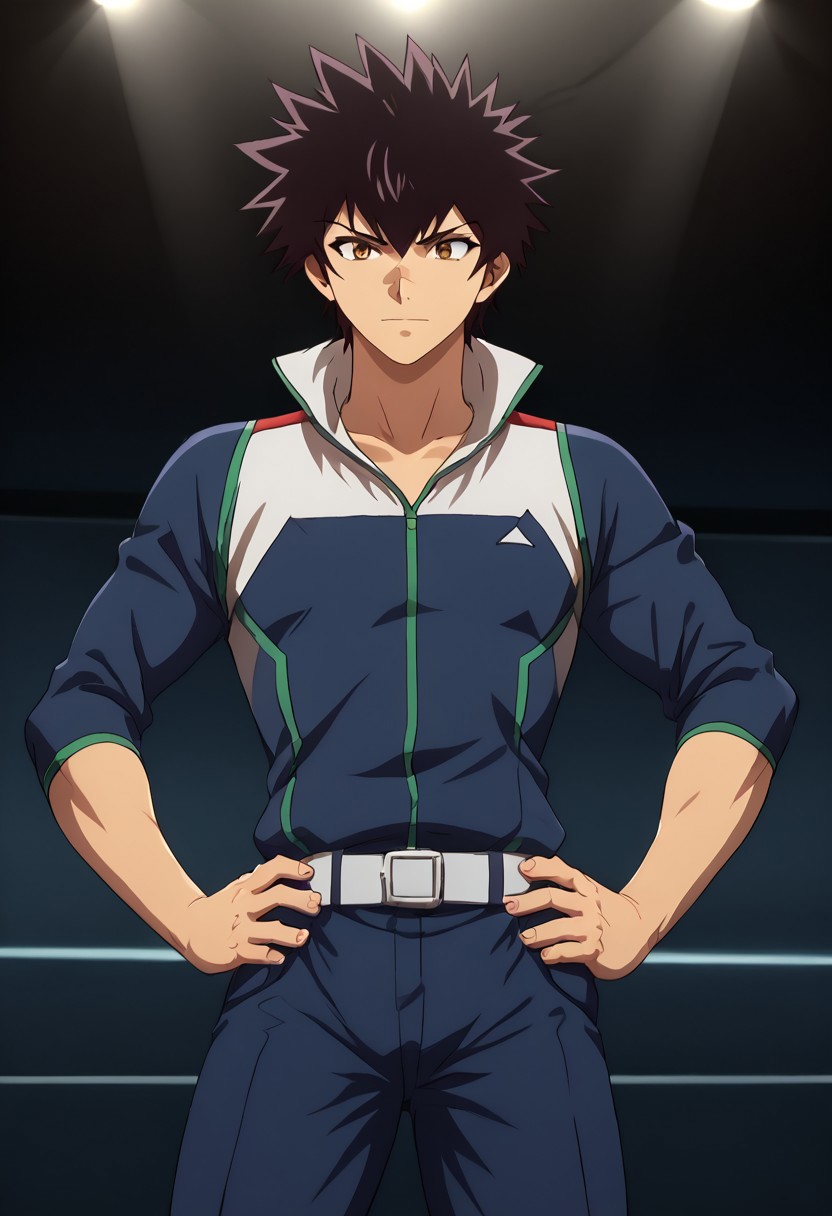 high resolution, solo, best quality, 1Boy, Kanata Hoshijima, Black hair, Brown Eyes, Standing in spotlight, confident, hands on hips, dominant,