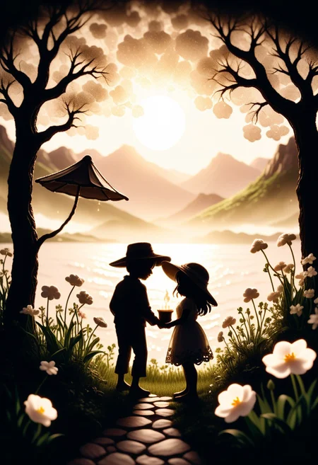 happy marhmallows, silhouette,chibi, ambient light, nature art, hexagonal , with awning embroidery, spring garden, Hurricane, Sketched, mosaic, Sepia filter, organic, detailed, deep rich colors, fine detail, luxury, cinematic, positive emotional