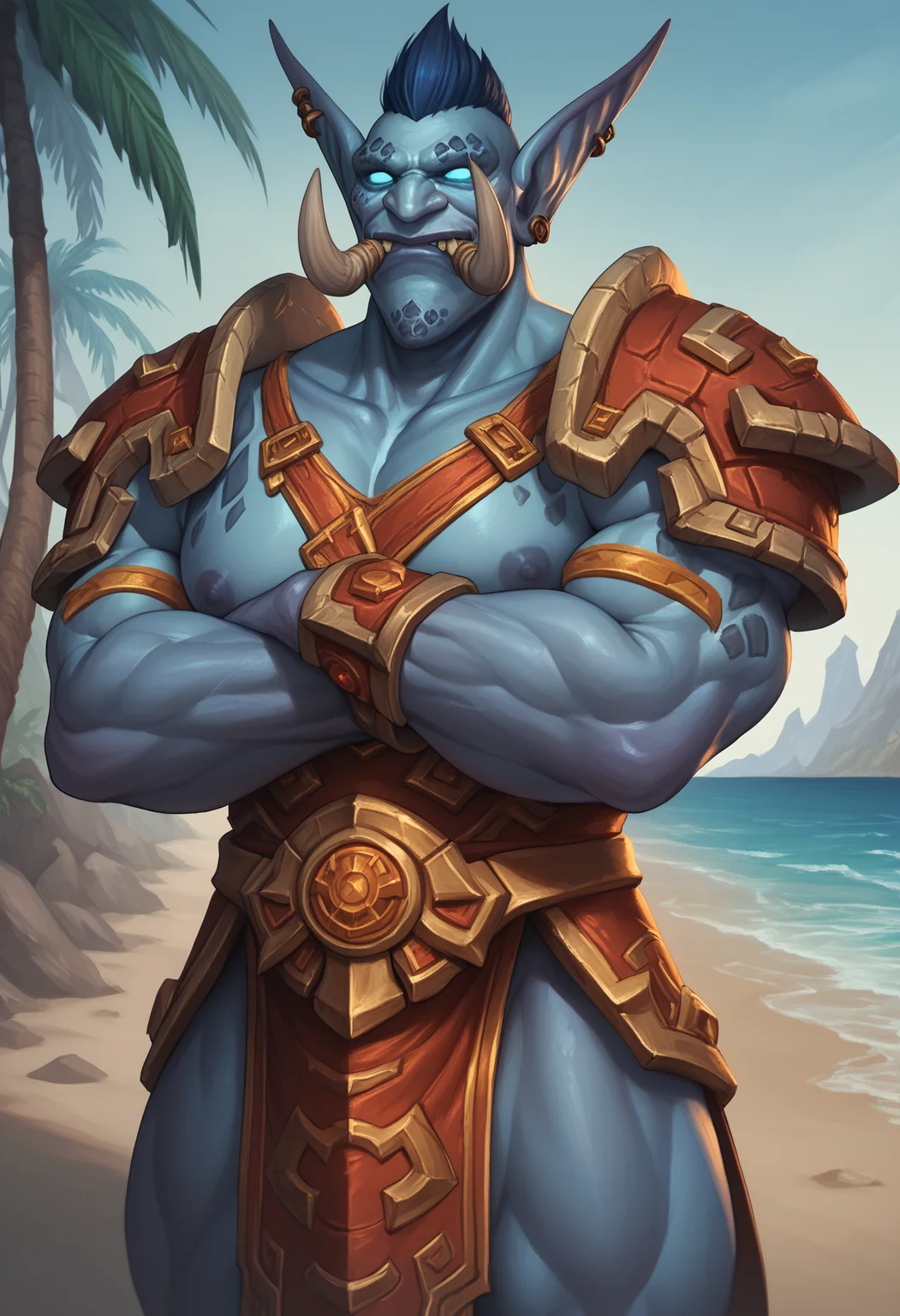zPDXL3, score_9_up, score_8_up, score_7_up, detailed, (best quality:1.2), hi res, digital drawing \(artwork\) BREAK three-quarter view, solo, beach, zandalari_wow, troll, blue skin, short hair, tusks, warcraft, pointy ears, 3 fingers, muscular, big pecs, broad shoulders, thick thighs, closed mouth, armor, crossed arms, looking at viewer <lora:detailed_notrigger:1> <lora:ZandalariTroll_WoW_V1:1>