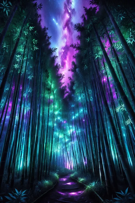 bamboo grove with glowing stalks, morph-aurora, moonlit forest with silver glow, detailed background, best quality, vibrant colors, realistic style, high detail, hyper-realistic, highres, 4K resolution, realistic photo, masterpiece, ultra-detailed, luminous sky, purples and blues, radiant shine, overhead shot, <lora:add-detail-xl:1> <lora:aurora_0_100_V1-000009:0.65>