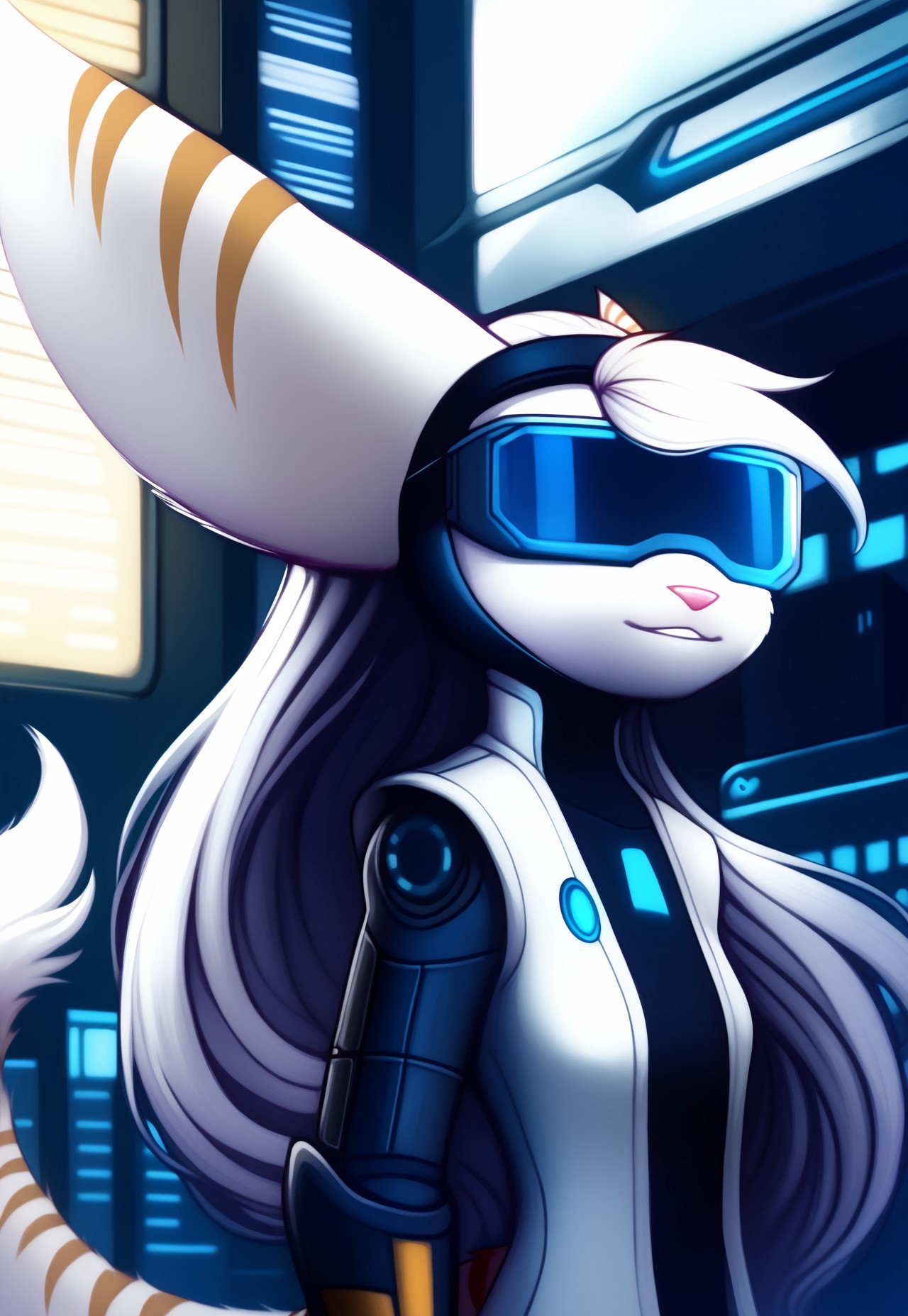 1gril, solo. alone, , long ears, tail,, 1girl,  synth , ( very  curly long hair), trending on ArtStation, cartoon, ,perfect, (, science fiction, building, architecture, imaginative, fur with interesting pattens,,)(oc Lombax), long ears, tail,  animal nose,  upper body,, lab coat, gloves, screen visor, 