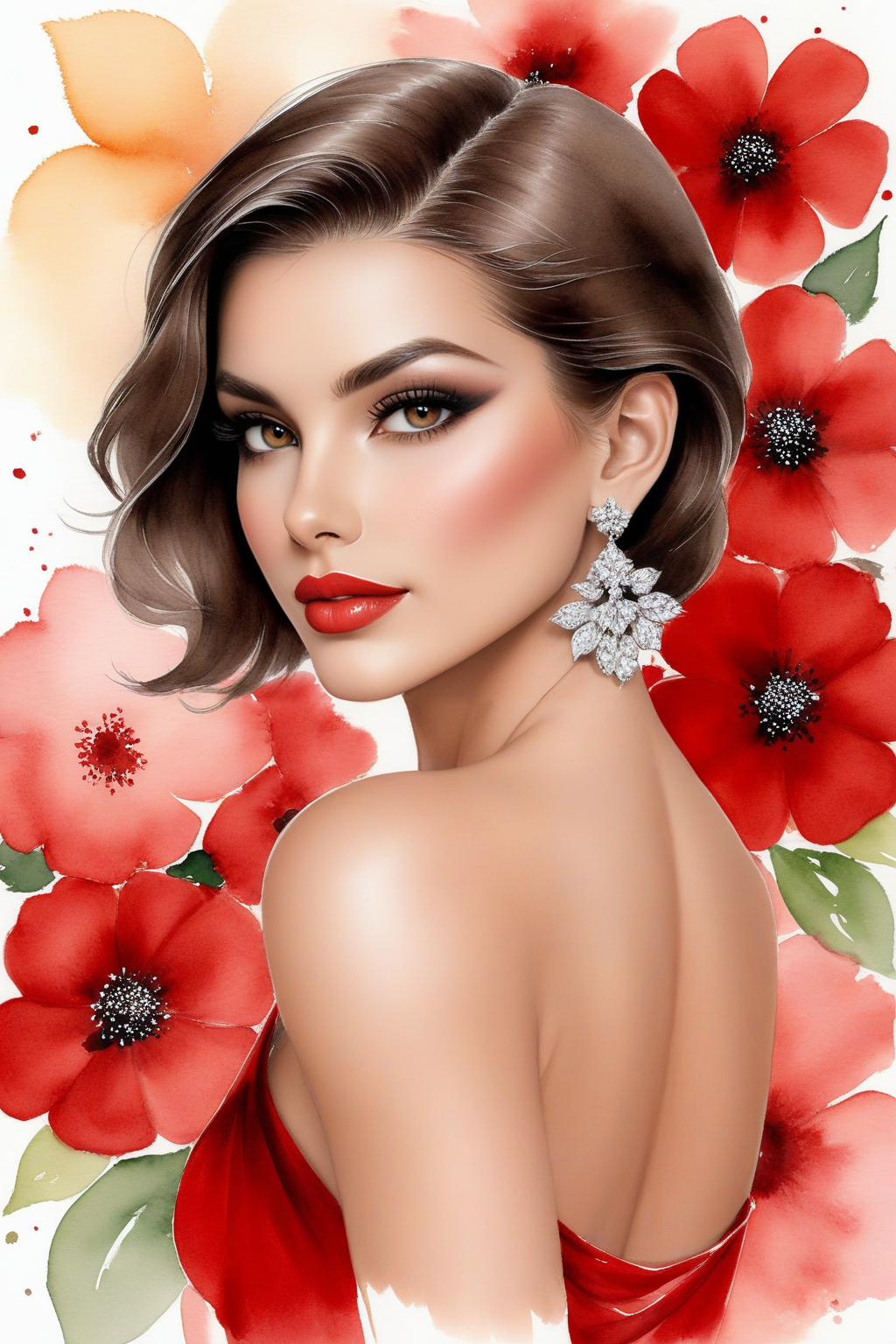 Watercolor painting woman, brown short hair, brown eyes, earrings, jewelry, makeup, red lips, black cat, full body, sexy pose, red flowers background, watercolor  <lora:Agnya XL:0.8> Agnya . Vibrant, beautiful, painterly, detailed, textural, artistic