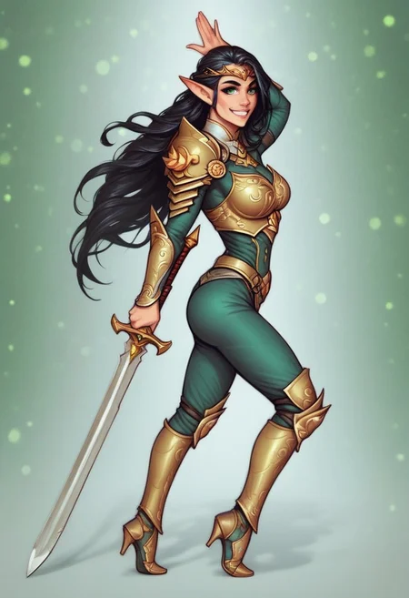 1girl, (((side view))), from front, 1girl, illustration, comic style, highly detailed, skinny, model body, looking at viewer, 1girl, masterpiece, best quality, naestra, solo, pointy ears, black hair, long hair, elf, 1girl, green eyes, half face mask, <lora:Naestra:1.3>, (((dynamic pose)))
BREAK
(((Warhammer Fantasy Battle style)))
((Elven gold Lamellar armor)), green clothes, ((((elven sword in hand)))), dynamic pose, ready to fight
BREAK
slight smile, looking at viewer
long hair, black hair, big hair, green eyes
best quality, depth of field, bokeh, (((full clothed))), dynamic pose
BREAK
(wild forest:1.2) score_9, score_8_up, score_7_up, score_6_up, source_cartoon, rating_explicit, Expressiveh, ((((full body))))), dynamic pose, dynamic pose