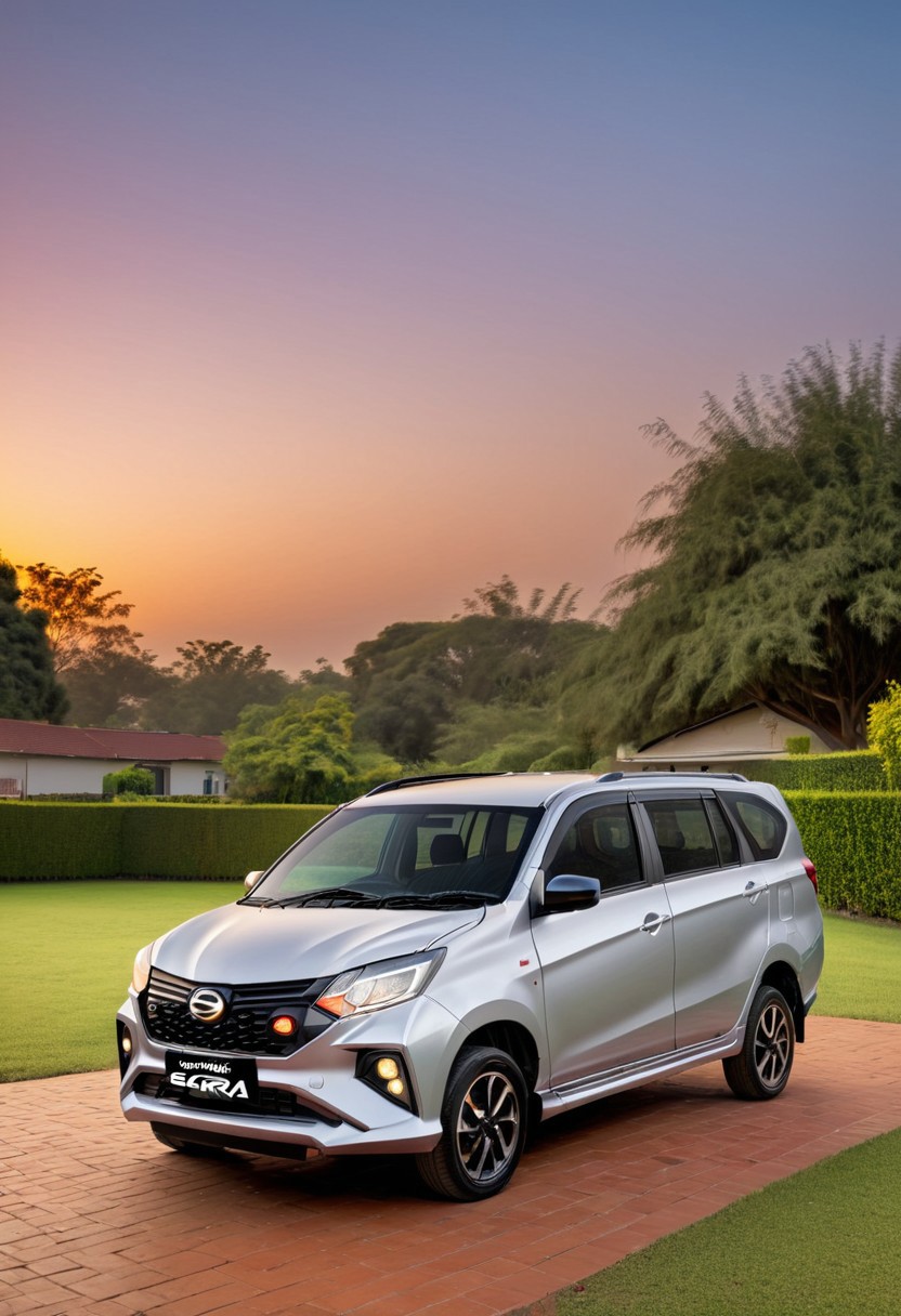 high resolution, best quality, Car, Daihatsu Sigra, Suburban backyard, evening, barbecue,