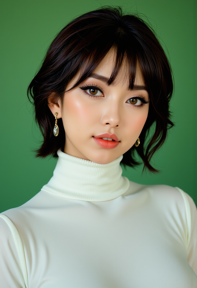 Headshots,masterpiece, a beautiful woman,Hyperrealistic, she is smiling, dynamic angles, multiple angles, photoshoot poses; A photo of A photo of Synthetic Partner 1, a woman with short dark hair, and brown eyes, she has massive breasts, a beautiful girl,she is wearing a white turtleneck sweater.she has massive breasts, she has piercing eyes. a dynamic pose and a sense of action. simple green background, and the lighting is soft, creating a dramatic effect, creating a focused and dynamic pose.; the scene is set in a beautiful well-lit environment, with a sense of action and adventure. Style: realistic hyper-detailed rendering, 32k UHD, expressive eyes, punk, graphic design, girl's face, pretty and cute, gleaming lips, telling a tale of adventure. Exuding confidence and serenity. The overall mood of the image is happy and relaxed, detailed skin texture,(blush:0.2),(goosebumps:0.3), subsurface scattering,with a playful and whimsical tone,perfect hand, hand, detailed hand,niji style,retro50s_style,