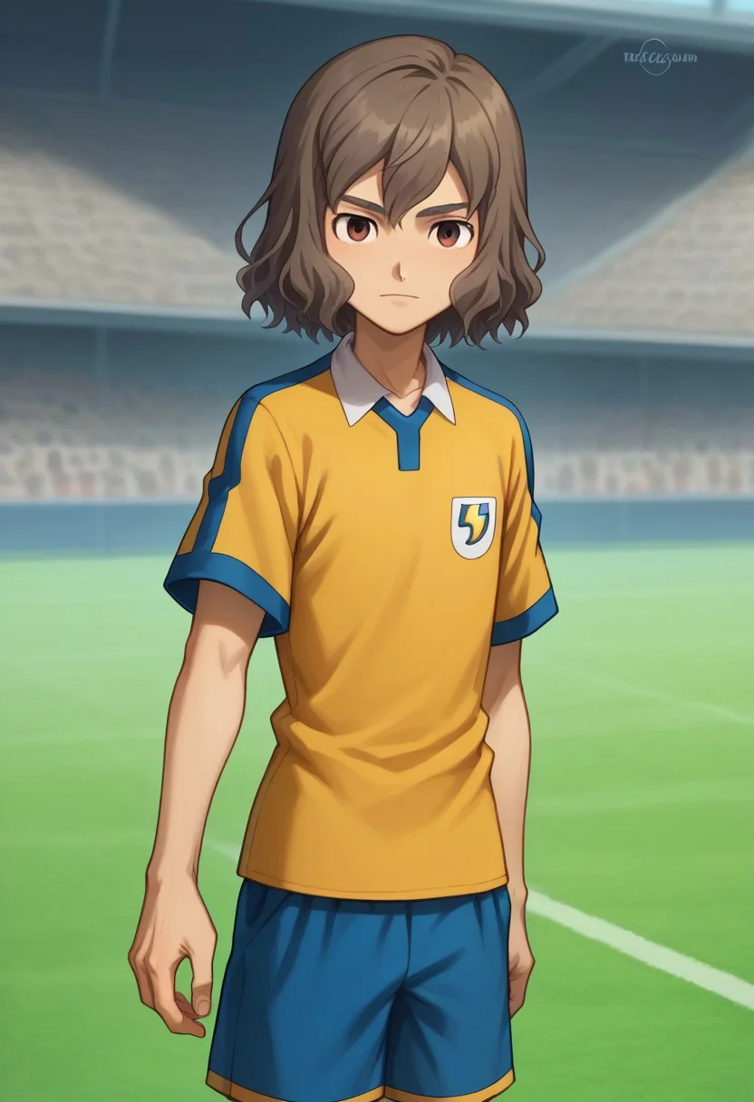 score_9, score_8_up, score_7_up, source_anime, highly detailed,
takuma, 1boy, male focus, solo, grayish-brown hair, brown eyes, sportwear, soccer uniform, raimon soccer uniform, raimon, shirt, yellow shirt, short sleeves, shorts, blue shorts,
outdoor,