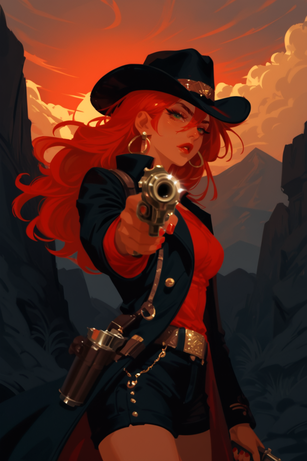 1girl, weapon, hat, gun, handgun, solo, long hair, belt, red hair, holding weapon, holding, looking at viewer, sky, jewelry, holding gun, earrings, breasts, cloud, parted lips, nail polish, outdoors, lips, shorts, holster, coat, cowboy hat, long sleeves, cowboy shot, medium breasts, hair between eyes, belt buckle, fingernails, red lips, buckle, aiming at viewer, blue eyes, cowboy western, rock, sunset, finger on trigger, green eyes, standing, aiming, cloudy sky, black coat, makeup, short shorts, black headwear, revolver, nose, outstretched arm, lipstick, eyelashes, mountain, shirt, jacket, zPDXL3,  PnyCmicXLPOS, detailxl,  (lineless, vector art:1.5)