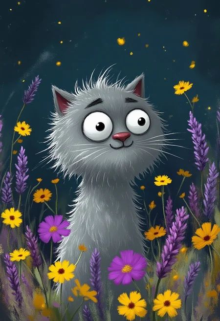 A whimsical illustration of a grey cat with spiky fur in dark whimsical art style, standing among lavender and yellow flowers, digital painting with expressive brushstrokes showing textured fur, space star war buttle background, characteristic Tim Burton inspired design with huge round eyes and pink nose