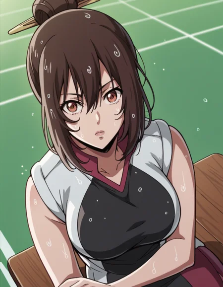 score_9, score_8_up, score_7_up, source_anime, <lora:nozomi-ishizawa-s1-ponyxl-lora-nochekaiser:1>, nozomi ishizawa, skirt, large breasts, brown hair, hair ornament, brown eyes, single hair bun,, skirt, sportswear,, rainy day, umbrella, walking home, puddles, wet hair, , looking at viewer, sitting, elbow rest, table,, solo,, dutch angle, cowboy shot