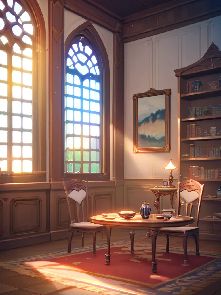score_9, score_8_up, score_7_up, score_6_up, score_5_up, score_4_up, source_anime, official art, <lora:mondstadt_background-ponyxl-v11h:1>, indoors, mondstadt, scenery, architecture, chair, table, wooden floor, lamp, light, shelf, window, carpet, sunlight, painting /(object/)