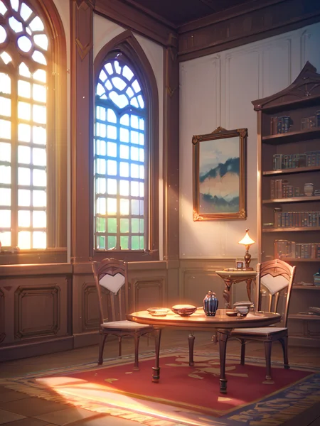 score_9, score_8_up, score_7_up, score_6_up, score_5_up, score_4_up, source_anime, official art,  <lora:mondstadt_background-ponyxl-v11h:1>, indoors, mondstadt, scenery, architecture, chair, table, wooden floor, lamp, light, shelf, window, carpet, sunlight, painting /(object/)