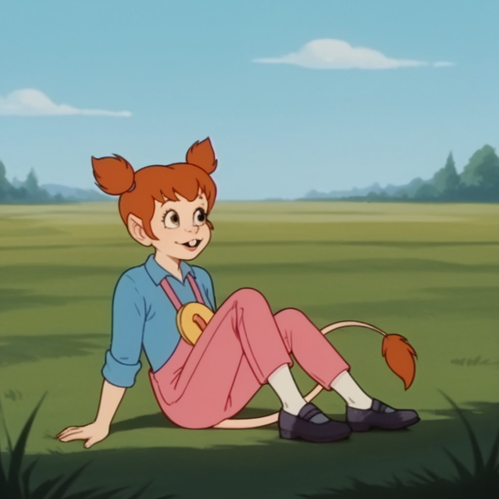 score_9, score_8_up, score_7_up, score_6_up, score_5_up, score_4_up, source_furry, lucytl, Kemonomimi, female, red hair, mouse tail, tail tuft, buck teeth, mouse ears, short twintails, pink overalls, blue shirt, shoes, socks, sitting, in a field