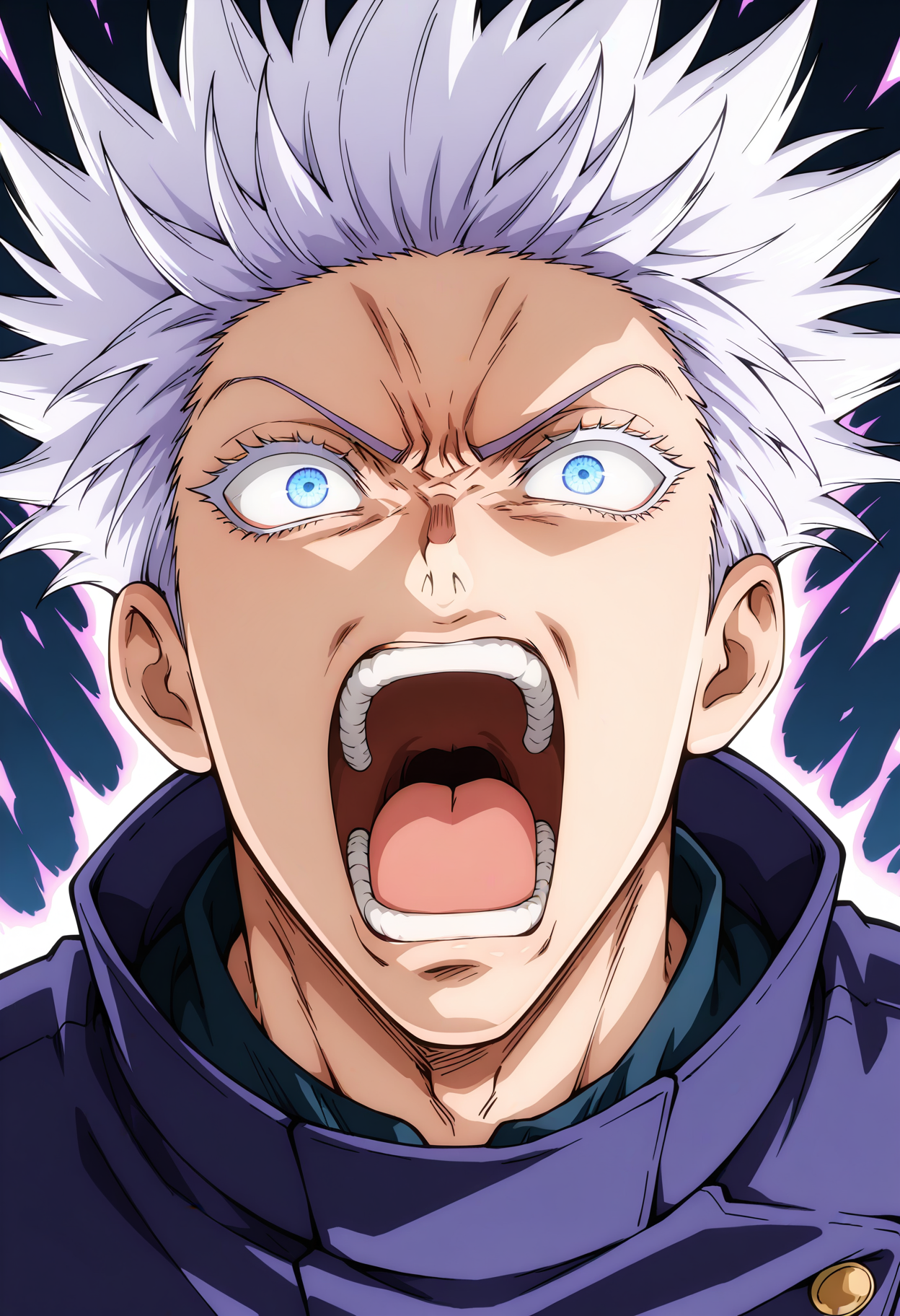 masterpiece, best quality, high resolution, source_anime, highly detailed illustration, detailed eyes,
very aesthetic, absurdres, newest, amazing quality,
gojou satoru, school uniform, jujutsu tech uniform, spiked hair, jacket, purple jacket,
<lora:shidbzpowerupV1ill:1>, shidbpowerup, solo, open mouth, 1boy, aura, shouting, energy, screaming, blue eyes,