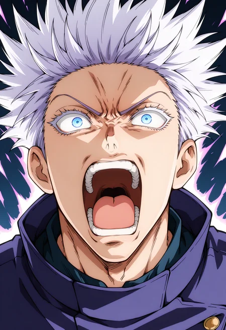 masterpiece, best quality, high resolution, source_anime, highly detailed illustration, detailed eyes,
very aesthetic, absurdres, newest, amazing quality,
gojou satoru, school uniform, jujutsu tech uniform, spiked hair, jacket, purple jacket,
<lora:shidbzpowerupV1ill:1>, shidbpowerup, solo, open mouth, 1boy, aura, shouting, energy, screaming, blue eyes,