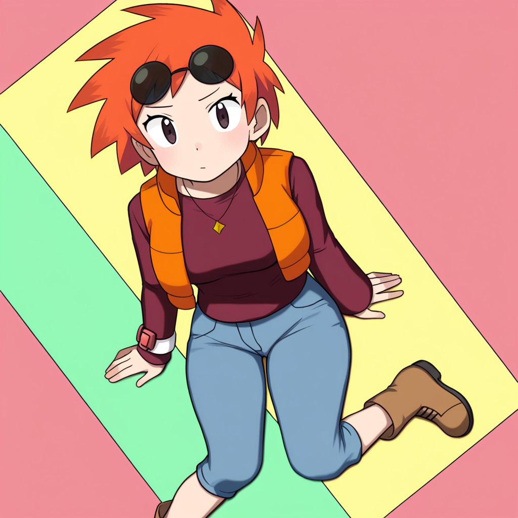 2d, masterpiece, best quality, amazing quality, highres, absurdres, newest, 1girl, solo, sitting, yokozuwari, from above, dutch angle, looking at viewer, multicolored background, simple background, colorful background, medium breasts, pkzoey, orange hair, short hair, spiked hair, bangs, necklace, eyewear on head, sunglasses, red shirt, long sleeves, bracelet, orange vest, jeans, denim, capri pants, boots, brown footwear