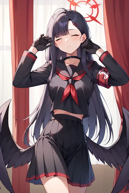 score_9, score_8_up, score_7_up, uncensored, source_anime, 1girl, <lora:spbaIchikaXLPony:1> ichikadef, hairclip, halo, black serafuku, black sailor collar, red neckerchief, black shirt, black skirt, black gloves, black choker, armband, long sleeves, black wings, closed eyes, cowboy shot, curtain grab, curtains, indoors, simple background, hands up, parted lips, solo, steepled fingers