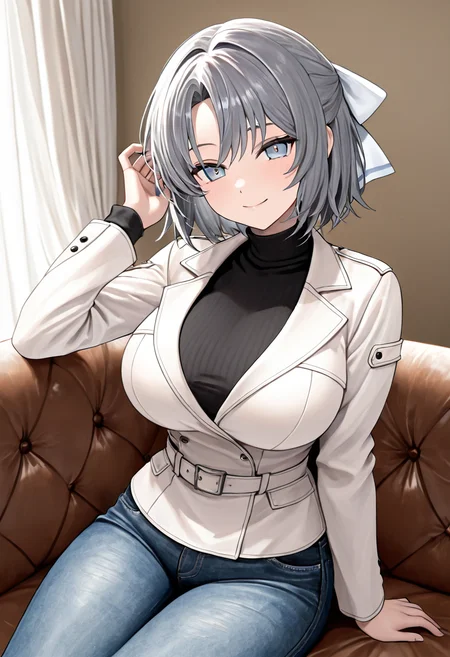 masterpiece, best quality, newest, absurdres, highres , <lora:YumiSenranKaguraIllustrious:1>, YMISENRN, blue eyes, grey hair, hair bow, short hair, large breasts, smile, sitting, couch, curtains, black turtleneck, jeans, adjusting hair, looking at viewer, white jacket, 1 girl, solo,