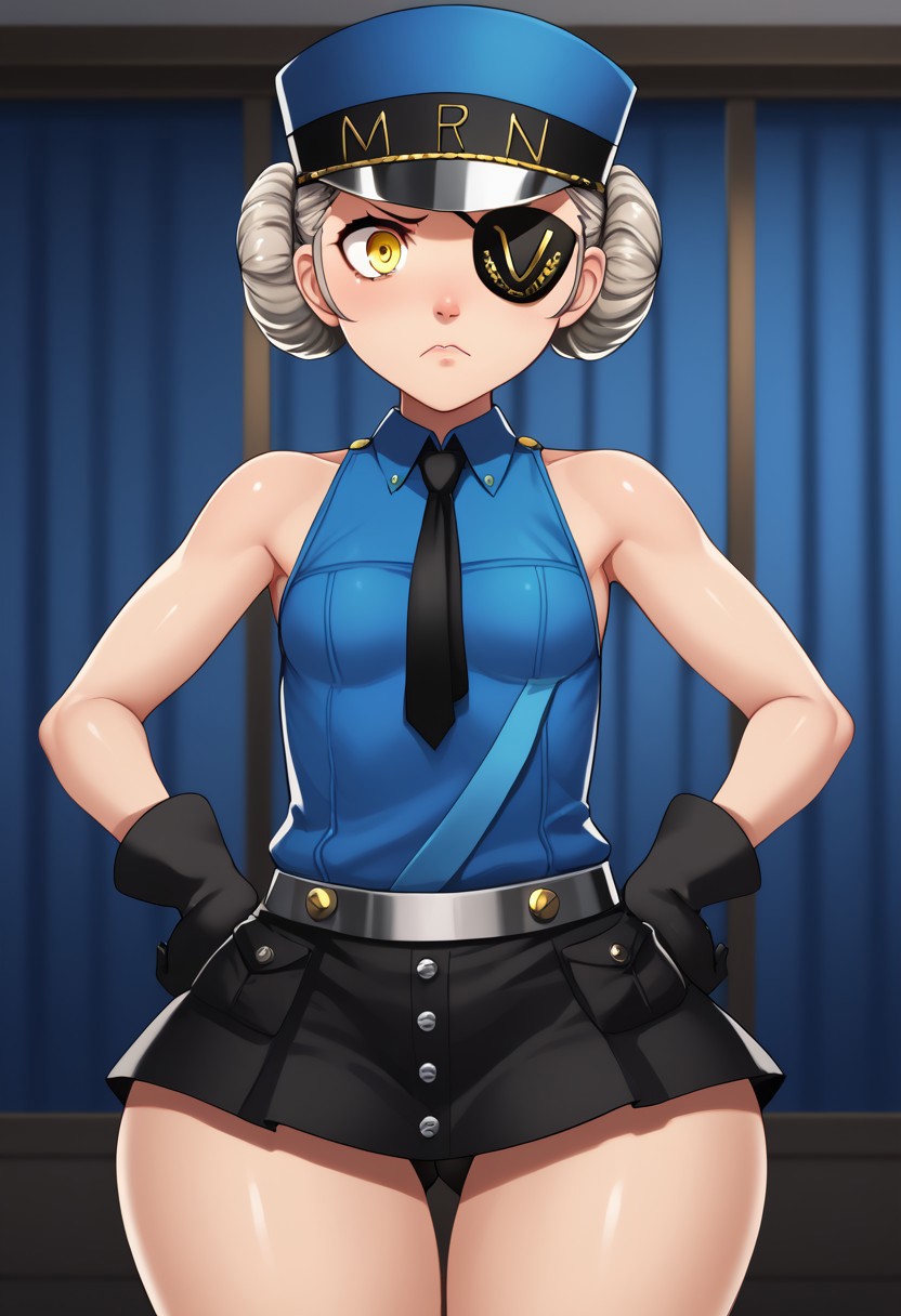 score_9, score_8_up, score_7_up, , shiny skin:0.1, source_anime, , deep skin,, high quality, highres, , 1girl, (curvy), ((wide hips)),, thick thighs, cute, , sexy, small breasts, CarolineP5, caroline (persona 5), yellow eyes, gloves, hat, hair bun, short hair, eyepatch, black gloves, necktie, sleeveless, sideboob, blue headwear, shirt, blue shirt, wing collar, grey hair, black skirT, short skirt, indoors, hands on hips, angry, frown, blue walls, blue room, solo, facing viewer