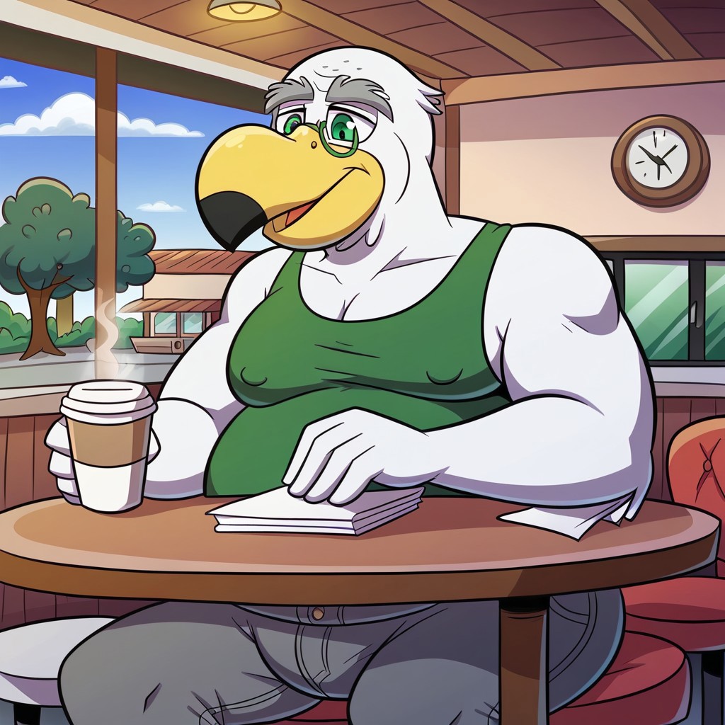 wilson, seagull, fat man, cartoon style, solo, Its head is large and rounded, old man, with a wide, small green lenses, curved yellow beak, his eyes are small and expressive, framed by thick, gray eyebrows that give him a wiser and more mature appearance, he wears thin-framed small lenses that sit gently on his beak, solo, detail background, 4k, best quality, highly detailed, dark green tank top, dark gray shorts (bermudas), sitting at an outdoor cafe table, he has a cup of coffee in his hand as he checks his laptop on the table, coffee shop background