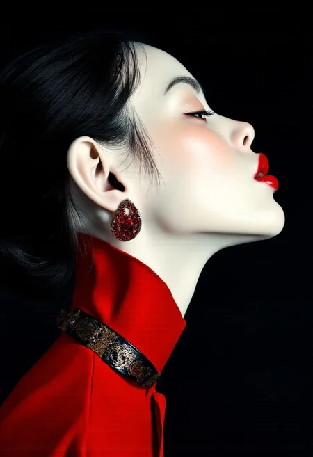 mwv7_alpha_v01,2D fashion Studio Ghibli Dark Fairytale, illustration of a woman with pale, flawless skin, her head tilted slightly upward in a confident, elegant pose. She wears bold red jewelry (earrings, necklace, and face adornments) rendered in a flat, graphic 2D style, with sharp edges and striking silhouettes. Her lips are perfectly shaped, subtly glossy, adding to the refined allure. Set against a deep black background, the composition plays with a powerful contrast of black, white, and red, creating a dramatic and stylish visual impact. Her expression is poised and emotionless, evoking high-fashion attitude. The lighting is minimal, emphasizing the silhouettes and color contrasts, with red elements glowing softly against the monochrome setting. (Editorial style) meets (minimalist elegance), capturing the essence of modern luxury with a surreal twist.