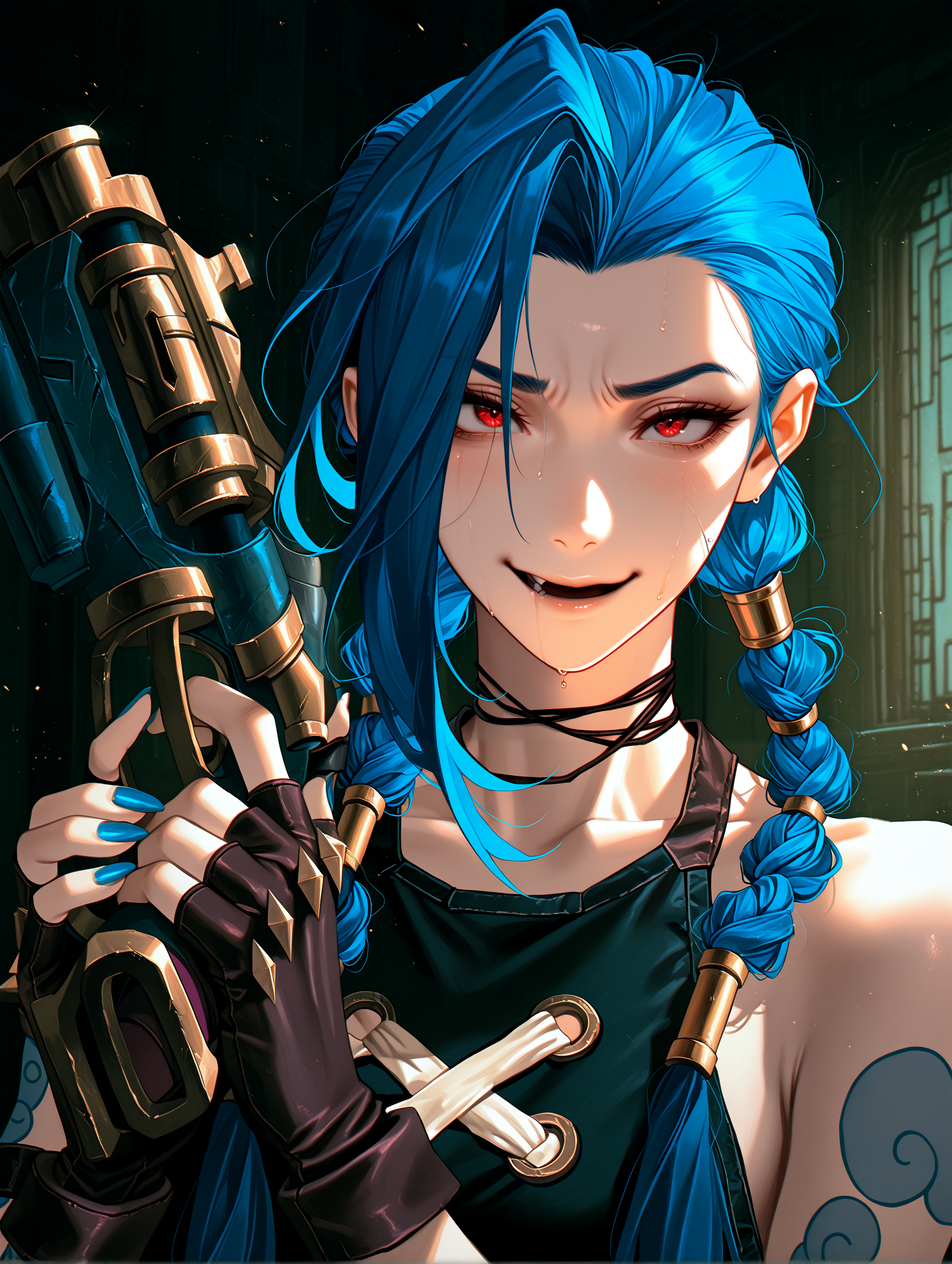 masterpiece, best quality, absurdres, amazing quality <lora:cfg_scale_boost:0.3> <lora:StS-Illustrious-Detail-Slider-v1.0:3> <lora:StS_Age_Slider_Illustrious_v1:3>,detailed_background,indoors,blue nails,arcane jinx,jinx \(league of legends\),solo,finger on trigger,pink eyes,braid,gloves,luoman19921,multi-tied hair,gun,league of legends,weapon,twin braids,bare shoulders,fingerless gloves,shirt,hair tubes,blue eyes,black shirt,makeup,smile,eyeshadow,arcane: league of legends,portrait,holding weapon,highres,upper body,1girl,nail polish,black gloves,holding gun,holding,looking at viewer