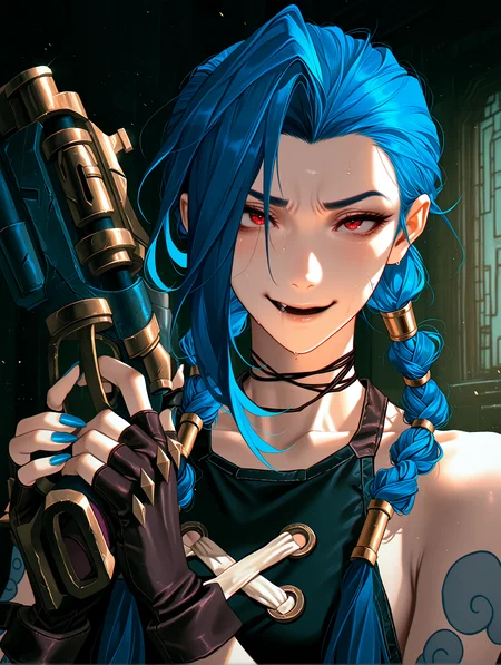 masterpiece, best quality, absurdres, amazing quality <lora:cfg_scale_boost:0.3> <lora:StS-Illustrious-Detail-Slider-v1.0:3> <lora:StS_Age_Slider_Illustrious_v1:3>,detailed_background,indoors,blue nails,arcane jinx,jinx \(league of legends\),solo,finger on trigger,pink eyes,braid,gloves,luoman19921,multi-tied hair,gun,league of legends,weapon,twin braids,bare shoulders,fingerless gloves,shirt,hair tubes,blue eyes,black shirt,makeup,smile,eyeshadow,arcane: league of legends,portrait,holding weapon,highres,upper body,1girl,nail polish,black gloves,holding gun,holding,looking at viewer