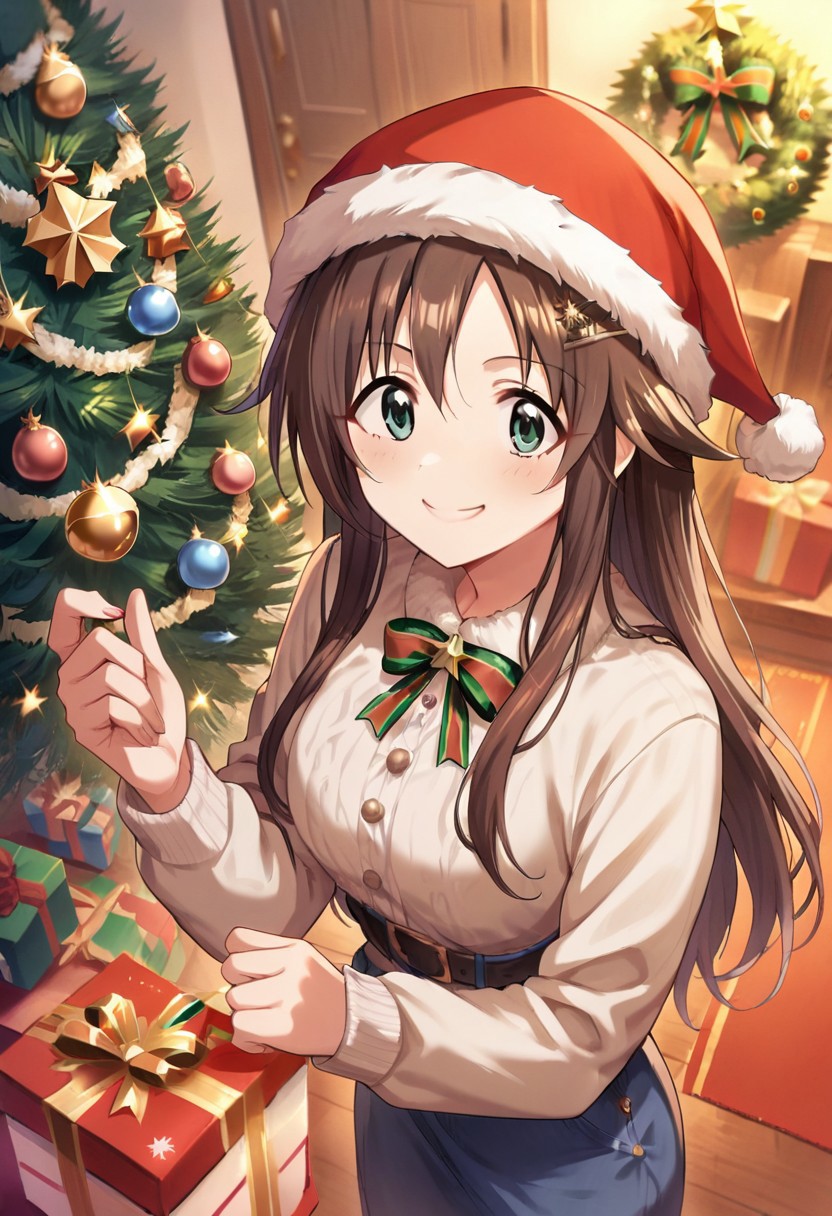 score_9, score_8_up, score_7_up, source_anime,himekawa yuki, long hair, brown hair, green eyes, 1girl, hat, christmas, smile, hair ornament, santa hat, christmas tree