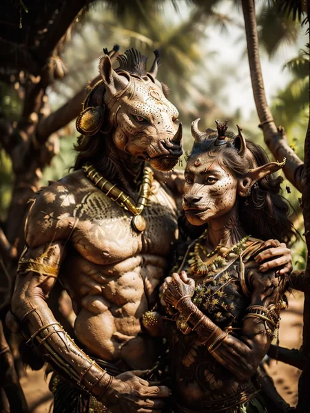 a soulmate couple,<lora:wereanimal:0.7>,single horn,rhino werecreature,<lora:ARWJavaWeddingWoman:0.6>,portrait of java wedding woman in a brown long kebaya traditional,beautiful javanese treehouse residence,<lora:FantasySettlement:0.4>,FanSe,<lora:NatureStyle_530620:0.3>,naturestyle,<lora:FantasyForest:0.3>,FanFo,photo \(object\),bokeh,,
