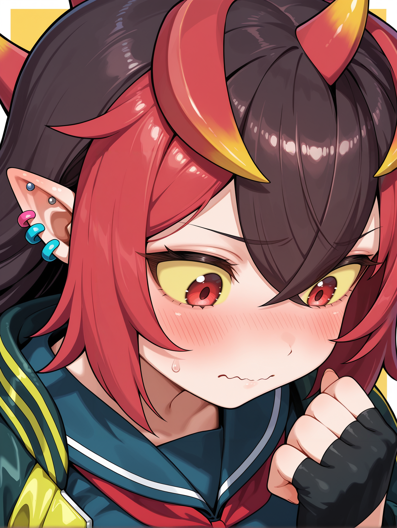 yellow sclera,you're finished,oni girl,1girl,solo,closed mouth,ear piercing,yellow jacket,blue serafuku,red neckerchief,black fingerless gloves,digital number,white border,close-up,portrait,wavy mouth,blush,looking down,
masterpiece,best quality,amazing quality,very aesthetic,absurdres,newest,<lora:You're Finished illusXL v1:0.74>,