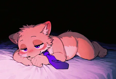 will (will javatanuki), zuppu11, momowaa, purple eyes, purple tie, lying on bed, full body, blushing, 1boy, solo, furry, cute, kemono, masterpiece, best quality, very awa, very aesthetic, absurdres, questionable