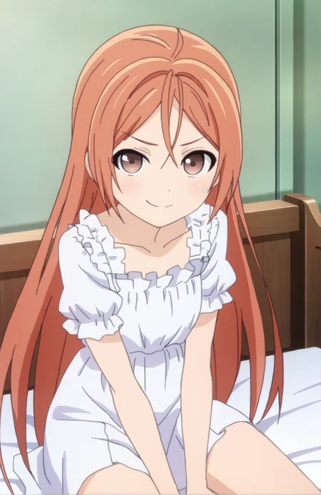 AiharaEnju, 1girl, solo, long hair, orange hair, brown eyes, collarbone, white dress, frills, short sleeves, looking at viewer, sitting on bed, smirk, bedroom