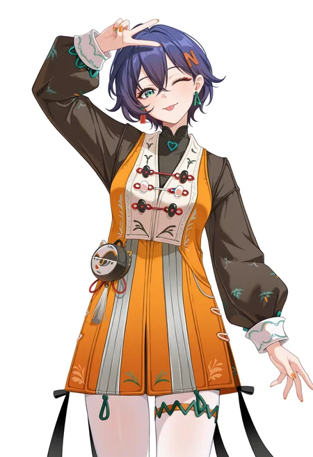 <lora:belle_illustrious-000038:1>,
belle \(delicate_daylight\),belle,solo,orange nails,looking at viewer,long sleeves,smile,closed mouth,crossed bangs,chinese clothes,earrings,cowboy shot,jewelry,thigh strap,nail polish,orange jacket,white_background,nail polish,white pantyhose,teeth,colorful nails,head tilt,wink,tongue out,v,