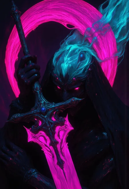 extreme Closeup, flat color two toned in translucent Neon Pink, Blue and Green hues, cinematic lighting, insane details, hyperrealistic extreme closeup macro photography, 64 megapixel DSLRAn intense action-packed anime scene in a sketch-like style, featuring thick, bold lines with a vibrant translucent color palette. a moody scenery landscape infront an sundawn behind mountains, very detailed scenery, a Female Busty hknuns Shogun nun is barely seen in the mist, one arm braced on a giant ripped saw Blade claymore for support, ethereal, atmospheric haze,, emphasizing the powerful contrast between light and darkness. The atmosphere is filled with raw intensity as a fierce aura envelops the subject, reflecting the growing, monstrous anger. The aura swirls violently, as if ready to explode. The use of deep blacks highlights the raw emotion and energy in this high-detailed, sketch-like artwork.