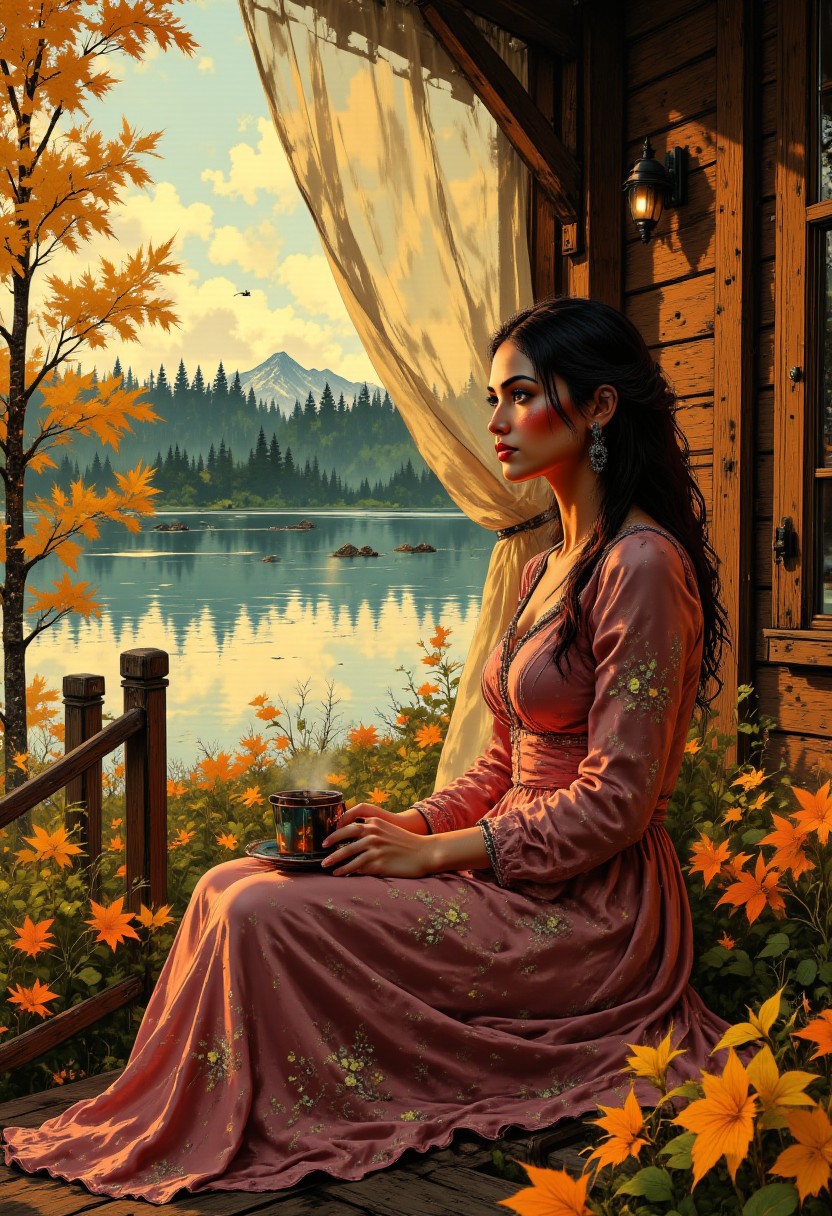 Canadian Autumn Lakehouse – Pastel Burgundy Dress
A young woman sits on the wooden porch of a cozy Lakehouse, surrounded by trees ablaze in autumn colors. She wears a pastel burgundy dress with delicate floral embroidery, its flowing fabric rustling in the crisp fall air. A sheer cream-colored curtain flutters softly beside her, catching the golden light of the setting sun. A steaming cup of cider rests in her hands as she watches the gentle ripples on the lake, fully immersed in the peaceful beauty of fall.