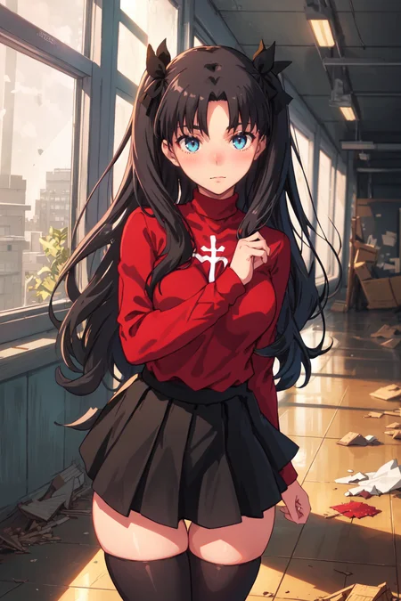 <lora:tohsakaRinFateStay_v1:0.5>, Tohsaka Rin, Volumetric Lighting, Best Shadows, Shallow Depth of Field, Portrait Of Stunningly Beautiful Girl, Delicate Beautiful Attractive Face With Alluring Sharp Blue Eyes, Sharp Eyebrows, Enjoying The Scenery, Soft Smile, Closed Mouth, Lovely Medium Breasts, Layered Long Black Two-Side Up Hair, Hair Ribbon, Blush Eyeshadow, Thick Eyelashes, Cross On The Red Turtleneck Shirt, Slim Waist, Black Short Pleated Skirt, Thigh Gap, Black Thigh-High Stockings, Late Afternoon, Sunlight Shining Through Window, Floating Dust Particles, Hallway In An Abandoned School, Pile of Debris Desks And Broken Chair, Looking Out At Window, Standing, (Highest Quality, Amazing Details:1.25), (Solo:1.3), Brilliant Colorful Paintings