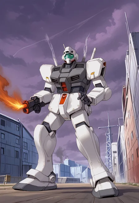 score_9, score_8_up, score_7_up, source_anime, cowboy shot, front view, BREAK, ( gm_cold_districts_type, holding beam saber, attack stance, standing, 1mech, red mech, bio mechanical, mech focus, solo, BREAK, antarctic base, purple cloudy sky, buildings, pylons, smoke, fire,