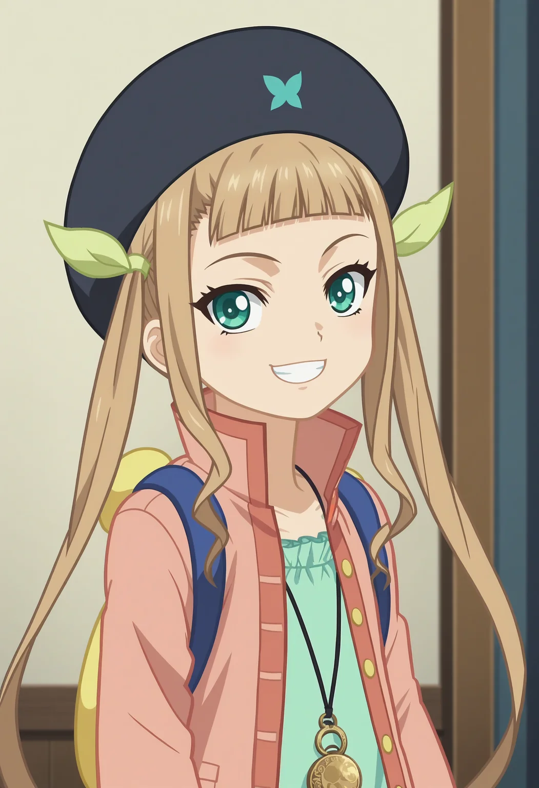 score_9, score_8_up, score_7_up, score_6_up, score_5_up, score_4_up , anime coloring ,BREAK source_anime, anime,screencap,
1girl, solo, ellemel, hair ribbon, coat, dress, necklace, beret, backpack, <lora:PonyXL Elle Mel Martha V1:1>
indoors, upper body
smile, grin, looking at viewer,