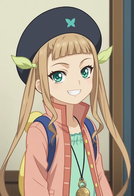 score_9, score_8_up, score_7_up, score_6_up, score_5_up, score_4_up , anime coloring ,BREAK source_anime, anime,screencap,
1girl, solo, ellemel, hair ribbon, coat, dress, necklace, beret, backpack, <lora:PonyXL Elle Mel Martha V1:1>
indoors, upper body
smile, grin, looking at viewer,