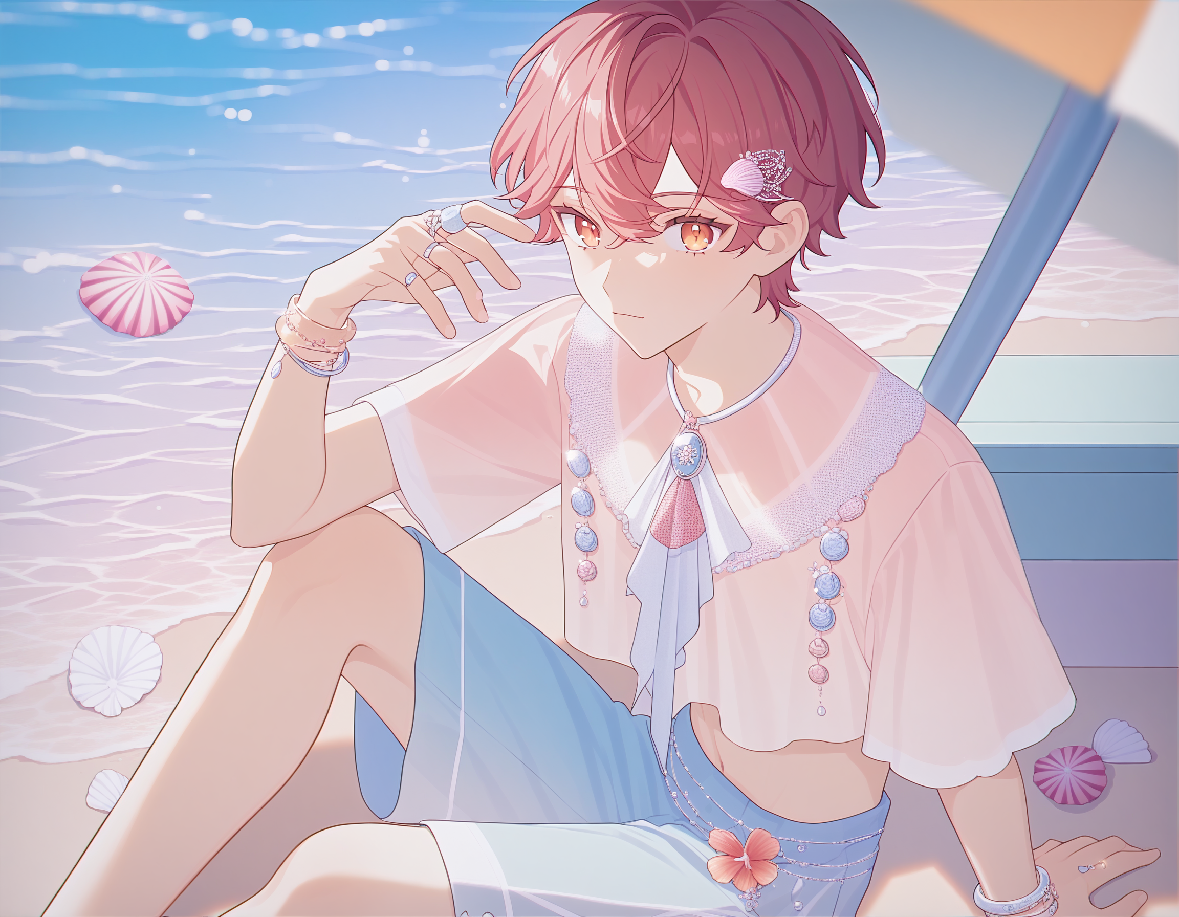 best quality, amazing quality, best aesthetic, amazing aesthetic, 2023, <lora:PastelStylePonyXL:1>, pastel style, pastel colors, 1boy, long eyelashes, detailed background, detailed background, orange eyes, hand towards viewer, swim trunks, intricate clothing, 5 fingers, brooch, ring, bracelet, anklet, hair accessory, sitting, hair, short hair, sidelocks, red hair, beach, seashell, beach umbrella