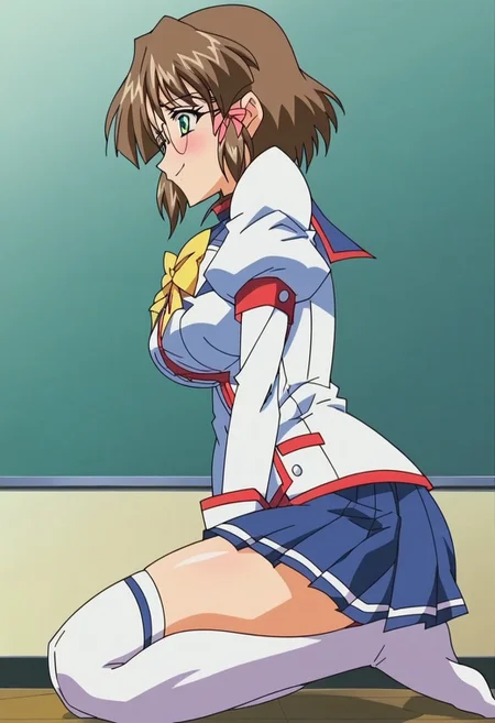 <lora:RaikaKenStyle-09:1> true blue kaya, short hair, brown hair, hair ribbon, green eyes, glasses, blush, (school uniform), skirt, thighhighs, long sleeves, white jacket, blue skirt, miniskirt, puffy sleeves, pleated skirt, <lora:Kaya_-_a«a¤_TRUE_BLUE_Gaiden_for_Pony:1>, rating_questionable,1girl, breasts, solo, large_breasts, side_view, kneeling, arched_back, arms_stretched_forward, legs_bent, relaxed_pose, full_body, yoga_pose, catlike_stretch, low_angle, score_9, score_8_up, score_7_up, score_6_up, shiny, shiny skin, shiny hair, 8k, masterpiece, absurdes, highly detailed, highres, high quality, best quality, anime screencap, anime coloring, happy