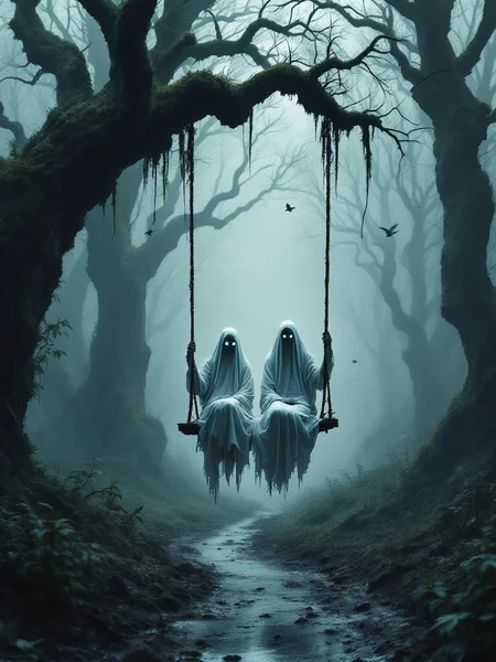A captivating dark fantasy scene of a hauntingly atmospheric forest, where gnarled trees with moss-covered branches loom overhead, creating an eerie ambiance. A thick mist envelops the woods, obscuring the distant trees and adding to the spooky atmosphere. In the foreground, two ghostly figures dressed in white sheets with eye holes sit on a rickety swing hanging from an overhanging branch, suspended above a muddy path winding through the forest. The eerie scene is enhanced by the presence of birds flying in the misty background, while the overall color palette is dominated by shades of gray and white, evoking a chilling, cinematic feel., dark fantasy, poster, cinematic. detailed and intricate environment,4k resolution,8k resolution,highly detailed portrait,hyperrealism,intricate details,hdr,masterpiece