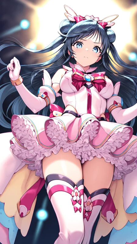 amazing quality,absurdres,best quality,masterpiece,highres,newest,detailed,detailed body,detailed face,masterpiece,best quality,solo,
ãµã¼ãã£,1girl,solo,long hair,black hair,blue eyes,hair bun,double bun,magical girl,white gloves,elbow gloves,thigh boots,bow,<lora:éæ³ã®ç天使ãµã¼ãã£:1>,
