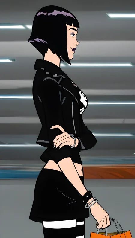 score_9_up, score_8_up, score_7_up, score_6_up, score_5_up, score_4_up, show accurate style, source_cartoon, flat colors,triana, 1girl, solo, black hair, short hair, bob cut, blunt bangs, black eyes, skull print black shirt, midriff, black skirt, black nails, striped leggings, bracelets, cowboy shot,shopping, leather jacket, dutch angle, light smile, raised eyebrows, Perfect Hands,AddXL, foreshortening, depth of field, from side, looking to side, 